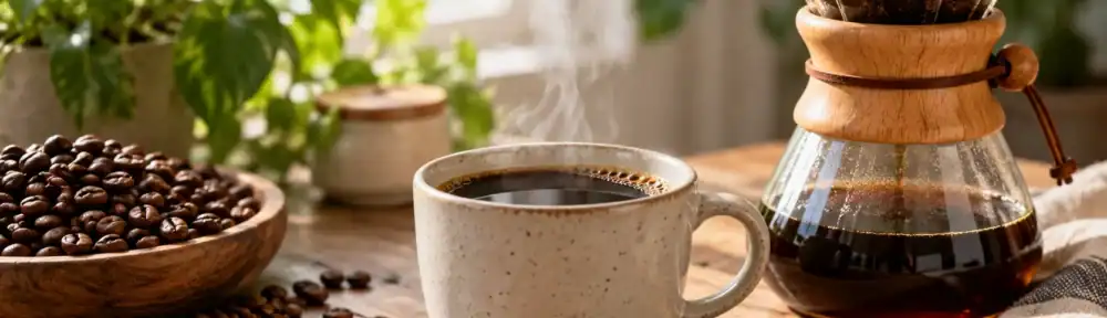 Taza de café de filtro junto a granos tostados y una cafetera de cristal