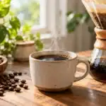 Taza de café de filtro junto a granos tostados y una cafetera de cristal