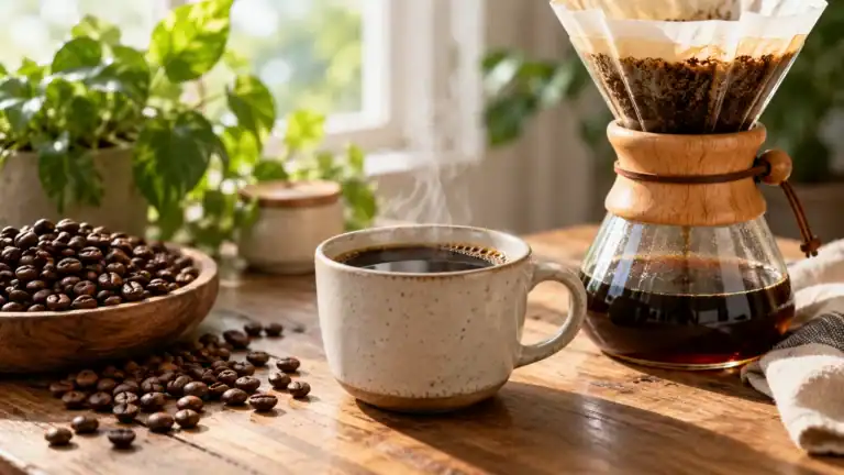 Taza de café de filtro junto a granos tostados y una cafetera de cristal