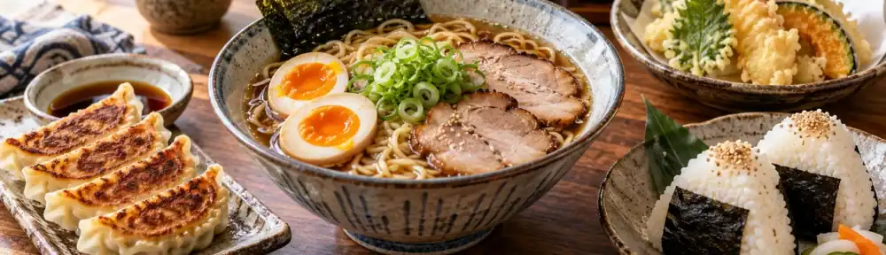 Platos de cocina japonesa en casa con ramen, gyozas, onigiri y tempura