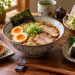 Platos de cocina japonesa en casa con ramen, gyozas, onigiri y tempura