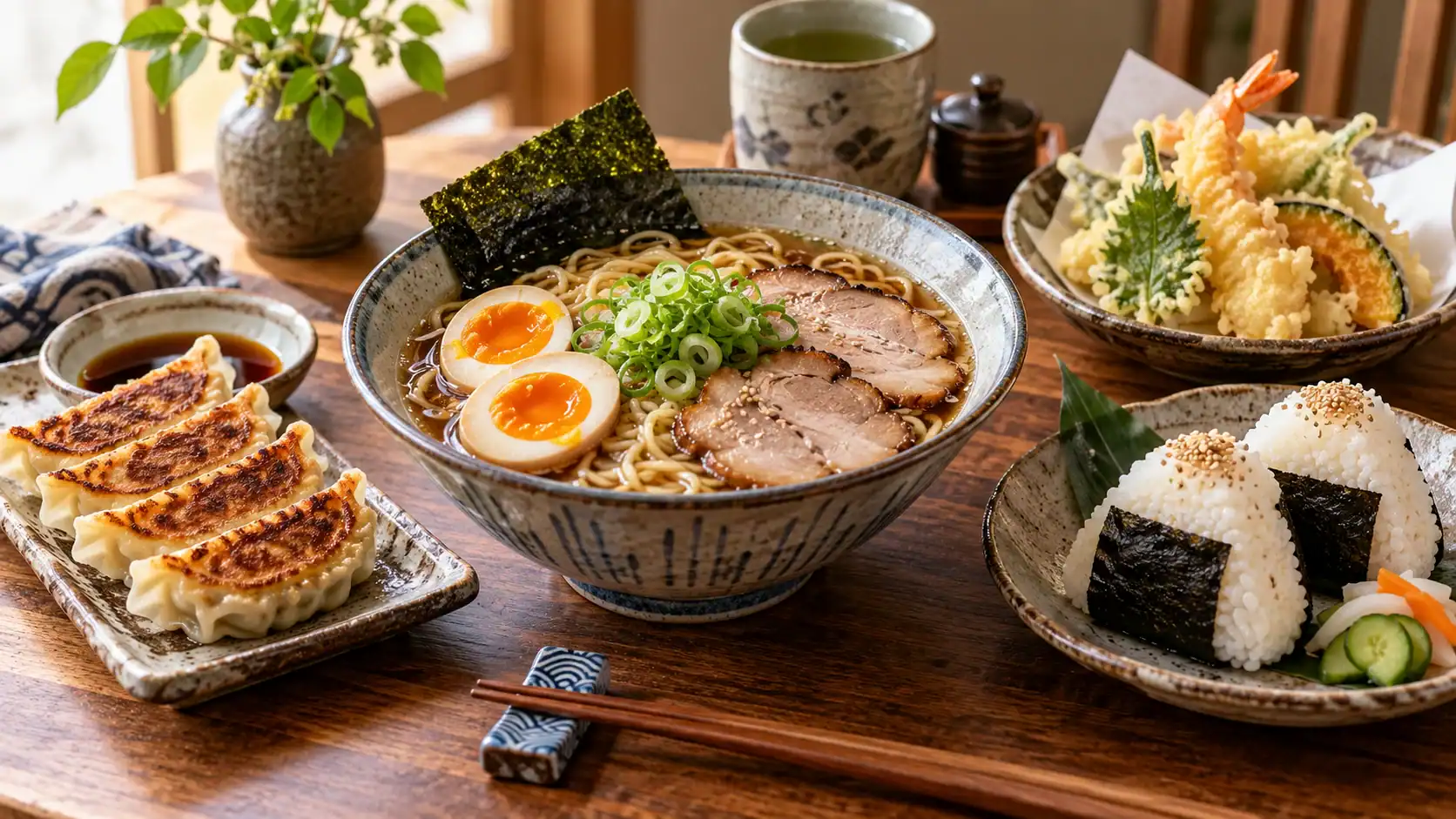 Platos de cocina japonesa en casa con ramen, gyozas, onigiri y tempura