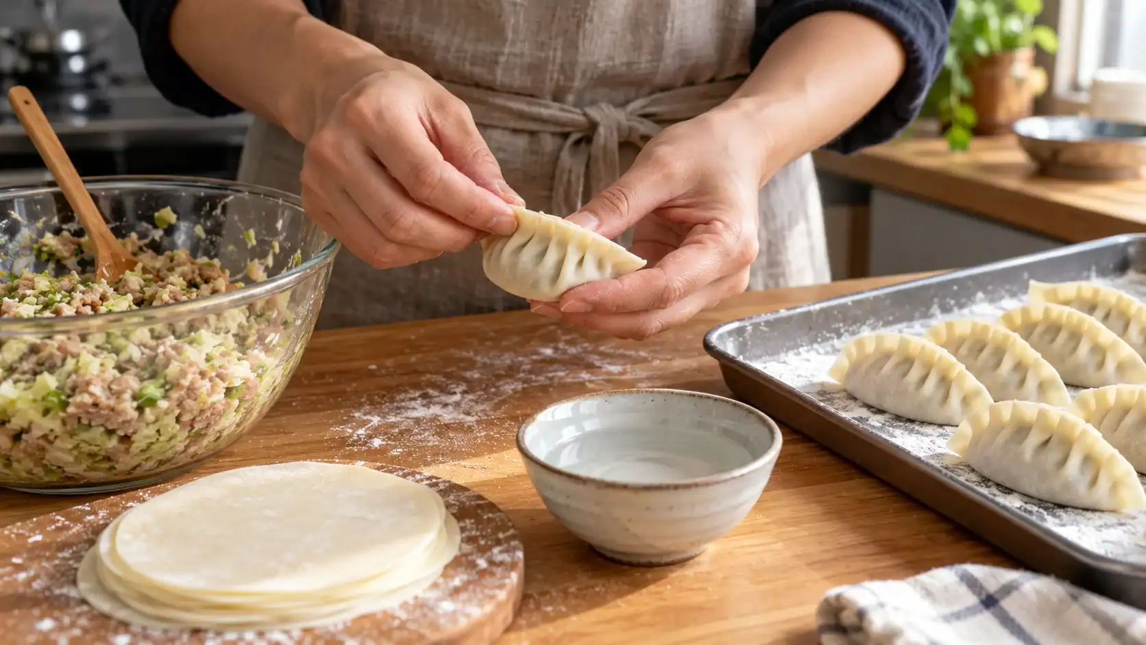 Manos plegando gyozas con relleno de carne y verduras en una cocina doméstica